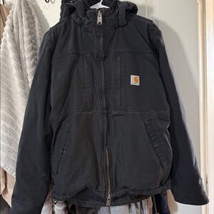 Carhartt Black Hooded Work Jacket with Logo Patch